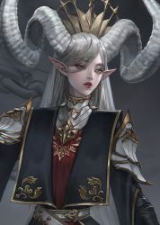 1girl, armor, belt, chains, cropped, curled horns, eyebrows visible through hair, eyes visible through hair, grey hair, highres, horns, long hair, original, parted lips, pauldrons, pointy ears, red legwear, shoulder armor, solo, srasa, turtleneck, white belt, white horns