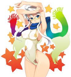 Rule 34 | 1girl, armpits, arms up, bad id, bad pixiv id, blue eyes, breasts, contrapposto, covered erect nipples, glasses, green-tinted eyewear, kusanagi tonbo, large breasts, light smile, long hair, looking at viewer, one-piece swimsuit, original, scarf, sideboob, solo, standing, star (symbol), swimsuit, tinted eyewear, white hair