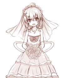Rule 34 | 1girl, bare shoulders, bouquet, bow, delphinium (flower knight girl), dress, elbow gloves, flower, flower knight girl, gloves, hair ornament, jewelry, kida kuro mu, looking at viewer, monochrome, necklace, open mouth, short hair, simple background, smile, solo, wedding dress, white background