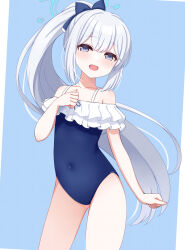 Rule 34 | 1girl, bare shoulders, blue archive, highres, looking at viewer, miyako (blue archive), open mouth, ponytail, purple eyes, smile, solo, swimsuit, white hair, yoiyami mutsuki