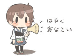Rule 34 | 10s, 1girl, black thighhighs, blush, brown hair, chibi, clog sandals, full body, japanese clothes, kaga (kancolle), kantai collection, megaphone, muneate, okobo, rebecca (keinelove), sandals, short hair, side ponytail, skirt, solo, text focus, thighhighs, translation request