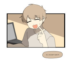 Rule 34 | 1boy, brown hair, closed eyes, colored speech bubble, commentary, computer, doberman girl (gomulgong), english commentary, english text, gomulgong, indoors, male focus, open mouth, original, shirt, speech bubble, t-shirt