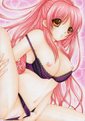 Rule 34 | 1girl, absurdres, bra, bra pull, breasts, brown eyes, clothes pull, clothing aside, female focus, highres, kousaka tamaki, lace, lace-trimmed bra, lace trim, large breasts, long hair, marker (medium), mocomoco party, navel, nipples, panties, panties aside, pink hair, purple bra, purple panties, pussy, solo, spread legs, to heart, to heart (series), to heart 2, traditional media, twintails, uncensored, underwear, underwear only
