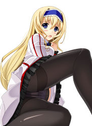 Rule 34 | 10s, 1girl, asakura ryou (artist), black pantyhose, blonde hair, blue eyes, blush, cameltoe, cecilia alcott, crotch seam, from behind, from below, hairband, hino minato (spec.c), infinite stratos, long hair, lying, on side, open mouth, panties, panties under pantyhose, pantyhose, revision, school uniform, simple background, solo, underwear