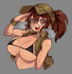 Rule 34 | 1girl, bare arms, bare shoulders, baseball cap, bikini, bikini top only, black bikini, breasts, breath, brown hair, bursting breasts, cropped arms, cropped torso, facing viewer, fio germi, glasses, grey background, hat, high ponytail, highres, jacket, large breasts, linea alba, looking at viewer, metal slug, micro bikini, open clothes, open jacket, round eyewear, salute, simple background, smile, solo, sweat, nervous sweating, swimsuit, upper body, vest, waa153