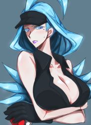 1girl, ahoge, bare arms, bare shoulders, black gloves, black headwear, black shirt, blue background, blue hair, breast hold, breasts, cleavage, closed mouth, collarbone, collared shirt, creatures (company), cropped torso, elite four, frown, game freak, ggarden, gloves, highres, holding, holding poke ball, kahili (pokemon), large breasts, light blush, lips, long hair, looking at viewer, mole, mole under eye, nintendo, poke ball, poke ball (basic), pokemon, pokemon (game), pokemon sm, purple eyes, purple lips, shirt, simple background, single glove, sleeveless, sleeveless shirt, solo, sweat, thick lips, unbuttoned, unbuttoned shirt, upper body, visor cap