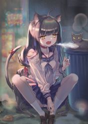 Rule 34 | 1girl, ahoge, animal, animal ears, black hair, blue neckerchief, blue sailor collar, blue skirt, blurry, blurry background, blush, cat, cat ears, cat girl, cat tail, choker, cigarette, commentary request, depth of field, ear piercing, fang, full body, hair ribbon, highres, holding, holding cigarette, loafers, long hair, long sleeves, looking at viewer, neckerchief, open mouth, original, outdoors, panties, pantyshot, piercing, pleated skirt, red choker, red ribbon, ribbon, sailor collar, school uniform, seozo, serafuku, shirt, shoes, skin fang, skirt, smoke, smoking, socks, solo, squatting, tail, tail ornament, tail raised, tail ribbon, trash can, underwear, very long hair, whiskers, white panties, white shirt, white socks