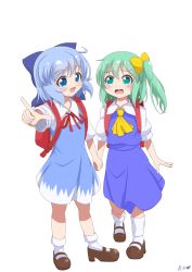Rule 34 | 2girls, ahoge, arm up, ascot, backpack, bad id, bad pixiv id, bag, blue dress, blue eyes, blue hair, blush, bow, brown footwear, cirno, daiyousei, dress, full body, green eyes, green hair, hair bow, highres, holding hands, konkitsune koukou, looking at another, mary janes, multiple girls, neck ribbon, no wings, open mouth, pinafore dress, pointing, puffy short sleeves, puffy sleeves, randoseru, red neckwear, ribbon, shirt, shoes, short hair, short sleeves, side ponytail, signature, simple background, sleeveless dress, socks, standing, touhou, white background, white legwear, white shirt, wing collar, yellow neckwear