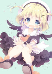 Rule 34 | 1girl, :d, apron, bad id, bad pixiv id, beret, black footwear, black shirt, black skirt, black wings, blonde hair, blue eyes, brown neckwear, commentary request, fang, feathered wings, frilled apron, frilled skirt, frills, fukaya rin, green background, hair ornament, hairclip, hat, highres, looking at viewer, open mouth, original, puffy short sleeves, puffy sleeves, shirt, shoe soles, shoes, short sleeves, skirt, smile, socks, solo, sparkle, two side up, v-shaped eyebrows, waist apron, white apron, white hat, white socks, wings