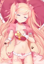 Rule 34 | 1girl, blonde hair, bow, box, breasts, chocolate, choker, cleavage, closed eyes, collarbone, commentary request, copyright request, food, frills, hair bow, hair ornament, heart, holding, holding box, holding chocolate, holding food, large breasts, long hair, looking at viewer, lying, navel, on back, on side, panties, pillow, pink bow, pink choker, pink panties, puffy short sleeves, puffy sleeves, rabbit hair ornament, rimuu, short sleeves, smile, solo, thighhighs, twintails, underwear, white thighhighs