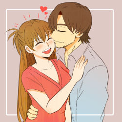 Rule 34 | 1boy, 1girl, aged up, aida kensuke, beard, blush, breasts, brown hair, cleavage, closed eyes, couple, evangelion: 3.0+1.0 thrice upon a time, facial hair, hand on another&#039;s chest, happy, heart, hug, laughing, long hair, medium breasts, neon genesis evangelion, open mouth, rebuild of evangelion, short hair, smile, souryuu asuka langley, spoken heart