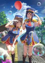 Rule 34 | 2girls, ;d, ascot, balloon, black footwear, blue eyes, blue hair, blue jacket, blue sky, blush, boots, brown hair, bubble, cloud, cloudy sky, commentary request, day, epaulettes, gloves, hand up, happy party train, hat, highres, holding, holding balloon, jacket, k ryo, leaning forward, looking at viewer, love live!, love live! sunshine!!, matsuura kanan, multiple girls, necktie, one eye closed, open mouth, outdoors, path, purple eyes, red ascot, red necktie, revision, road, salute, shirt, short hair, short sleeves, sky, sleeveless, sleeveless jacket, smile, standing, tree, watanabe you, white gloves, white shirt