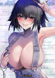 Rule 34 | 1girl, armpits, bare shoulders, black eyes, black nails, blue overalls, breasts, cleavage, crazy, cuffs, distortion, english text, hand on own chest, handcuffs, highres, huge breasts, large breasts, medium hair, mole, mole under mouth, naked overalls, original, overalls, smile, suou-sensei, yami kawaii, yandere