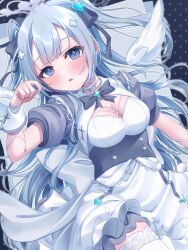 Rule 34 | 1girl, angel wings, artist request, blue eyes, blue hair, blush, breasts, cleavage, commentary request, dress, hair between eyes, hair ornament, halo, highres, indie virtual youtuber, long hair, looking at viewer, medium breasts, open mouth, polka dot, polka dot background, ribbon, solo, thighhighs, virtual youtuber, wings, yuha uyu