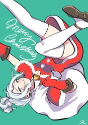 Rule 34 | 1girl, absurdres, animification, bag, bell, breasts, capelet, clenched hand, dress, floating, gloves, green background, grey eyes, hat, highres, holding, holding bag, jett (valorant), medium breasts, merry christmas, ponytail, re mistar, red capelet, red dress, red gloves, santa dress, santa hat, signature, smile, solo, thighhighs, upside-down, valorant, white hair