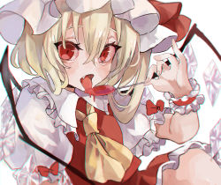 Rule 34 | 1girl, ascot, blonde hair, blurry, bow, commentary, crystal, depth of field, eyebrows hidden by hair, fang, fingernails, flandre scarlet, flat chest, hair between eyes, hat, hat bow, highres, kani nyan, knee up, licking, looking at viewer, mob cap, one side up, open mouth, pinky out, puffy short sleeves, puffy sleeves, red bow, red eyes, red skirt, red vest, short hair, short sleeves, simple background, sitting, skirt, solo, spoon, symbol-only commentary, tongue, tongue out, touhou, upper body, vest, white background, white hat, wings, wrist cuffs, yellow ascot