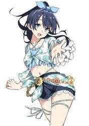 Rule 34 | 1girl, alternate hairstyle, bikini, bikini top only, blue eyes, blue hair, blue shorts, collarbone, commentary request, contrapposto, djpwjd1, frilled sleeves, frills, highres, link! like! love live!, long sleeves, looking at viewer, love live!, midriff, murano sayaka, natsumeki pain (love live!), navel, open mouth, ponytail, reaching, reaching towards viewer, shirt, shorts, sidelocks, solo, standing, swimsuit, teeth, upper body, upper teeth only, white background, white shirt