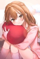 Rule 34 | 1girl, brown eyes, brown hair, closed mouth, copyright request, highres, knees up, light blush, long sleeves, looking at viewer, nekoyashiki pushio, hugging object, pillow, pillow hug, pink legwear, sitting, smile, solo