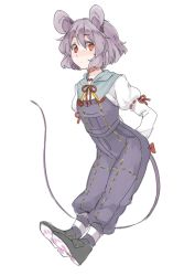 Rule 34 | 1girl, akagashi hagane, animal ears, arms behind back, bad id, bad pixiv id, grey hair, looking at viewer, mouse ears, mouse tail, nazrin, overalls, red eyes, short hair, simple background, solo, tail, touhou, white background