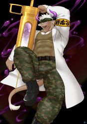 Rule 34 | 1boy, abs, absurdres, arm up, armband, bara, beard, boots, chest hair, doctor, facial hair, full body, furry, furry male, highres, horns, huge weapon, keijimohumohu, lab coat, large pectorals, male focus, manly, muscular, oversized object, pants, pectorals, purple eyes, purple horns, shennong (housamo), simple background, solo, syringe, tank top, thick thighs, thighs, tight clothes, tight pants, tokyo houkago summoners, weapon, white hair