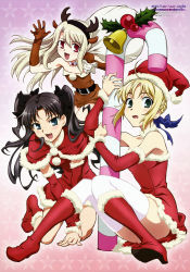 Rule 34 | 00s, 3girls, absurdres, alternate costume, animal costume, antlers, artoria pendragon (all), artoria pendragon (fate), bell, black hair, blonde hair, blue eyes, boots, candy, candy cane, christmas, detached sleeves, elbow gloves, fate/stay night, fate (series), food, gloves, green eyes, hair ribbon, hat, highres, holly, horns, illyasviel von einzbern, kawamura takayasu, long hair, multiple girls, nishimura hiroyuki, red eyes, reindeer costume, ribbon, saber (fate), santa costume, santa hat, short hair, silver hair, thighhighs, tohsaka rin, twintails, two side up, type-moon