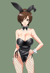 Rule 34 | 1girl, absurdres, animal ears, blue eyes, breasts, brown hair, cleavage, fake animal ears, fishnet pantyhose, fishnets, highres, hirabaru kenji, large breasts, leotard, lips, meiko (vocaloid), pantyhose, playboy bunny, rabbit ears, short hair, simple background, solo, vocaloid