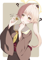 Rule 34 | 1girl, ?, blue archive, blush, brown kimono, halo, hifumi (blue archive), highres, japanese clothes, kimono, light brown hair, long hair, long sleeves, obi, parted lips, ponytail, sailor collar, sash, shogi piece, solo, upper body, wide sleeves, yellow eyes, yellow halo, yellow sailor collar, zundamochi (sera)