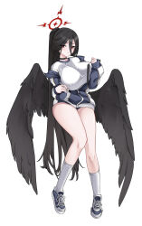 Rule 34 | 1girl, black choker, black hair, black wings, blue archive, blue footwear, blue jacket, breasts, choker, clipboard, commentary request, feathered wings, full body, gym shirt, gym shorts, gym uniform, halo, hasumi (blue archive), hasumi (track) (blue archive), highres, holding, holding clipboard, huge breasts, jacket, large wings, long hair, looking at viewer, low wings, mole, mole under eye, off shoulder, official alternate costume, partially unzipped, ponytail, red eyes, red halo, shirt, shoes, shorts, simple background, socks, solo, standing, track jacket, uuronhai, very long hair, white background, white shirt, white socks, wings