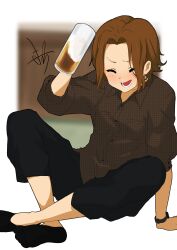 Rule 34 | 1girl, absurdres, beer mug, black pants, black socks, blurry, blurry background, blush, breast pocket, brown hair, brown shirt, closed eyes, collared shirt, commentary request, cup, full body, highres, k-on!, kicchi (tmgk), laughing, mug, no shoes, open mouth, pants, pocket, shirt, short hair, signature, sitting, socks, soles, solo, tainaka ritsu, watch, wristwatch