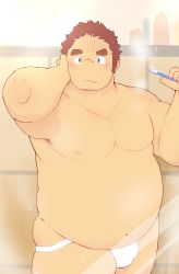 Rule 34 | 1boy, 3c pan, abs, absurdres, bara, bathroom, belly, blush, brown hair, bulge, cowboy shot, facial hair, facial scar, fat, fat man, tamamura gunzo, hand on own face, highres, jockstrap, long sideburns, looking at viewer, male focus, male underwear, mirror image, muscular, muscular male, navel, nipples, pectorals, scar, scar on cheek, scar on face, short hair, sideburns, skindentation, solo, spiked hair, steam, stomach, stubble, thick eyebrows, thick thighs, thighs, tokyo houkago summoners, toothbrush, topless male, underwear, underwear only, white male underwear