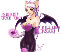 Rule 34 | 1girl, ahoge, animal ears, aqua eyes, arm behind back, artist name, bare shoulders, bat ears, bat wings, black unitard, black wings, breasts, character name, cleavage, collarbone, covered navel, cowboy shot, dated, earrings, elbow gloves, extra ears, female focus, flipped hair, gem, gloves, gluteal fold, heart, heart earrings, holding, holding gem, humanization, jewelry, large breasts, lips, looking at viewer, multicolored clothes, neck, open mouth, personification, rouge the bat, sega, short hair, silver hair, simple background, smile, solo, sonic (series), spread wings, standing, strapless, strapless unitard, tenjou tsuki, unitard, white background, white gloves, wings