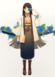 Rule 34 | 1girl, absurdres, arm at side, black choker, black skirt, blue eyes, blue flower, boots, brown footwear, brown hair, choker, cross-laced footwear, floral background, floral print, flower, full body, hair ornament, hairclip, hand up, highres, holding, holding flower, japanese clothes, katana, lace-up boots, limao jun, long hair, looking at viewer, sheath, sheathed, simple background, skirt, solo, standing, sword, very long hair, weapon, white background