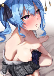 Rule 34 | 1girl, alternate breast size, bare shoulders, bikini, bikini top only, bikini under clothes, blue eyes, blue hair, blue skirt, blush, breasts, breasts out, clothes pull, collarbone, hair ornament, heart, heart-shaped pupils, highres, hololive, hoshimachi suisei, hoshimachi suisei (1st costume), hypnosis, jack dempa, looking at object, medium breasts, mind control, nipples, open clothes, open mouth, parted lips, pendulum, plaid, plaid shirt, pleated skirt, pointy breasts, ribbon, shirt, shirt pull, side ponytail, sidelocks, simple background, skirt, solo, star (symbol), star in eye, strap gap, sweat, swimsuit, symbol-shaped pupils, symbol in eye, virtual youtuber, wavy hair