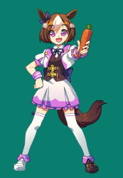 Rule 34 | 1girl, animal ears, asymmetrical footwear, breasts, brown footwear, brown hair, brown vest, carrot, collared shirt, cropped jacket, ear covers, food, full body, green background, hand on own hip, highres, holding, holding food, horse ears, horse girl, horse tail, legs apart, looking at viewer, mismatched footwear, open mouth, purple eyes, shirt, shoes, short hair, short sleeves, simple background, skirt, small breasts, smile, solo, special week (umamusume), standing, suzuhara kenji, tail, thighhighs, umamusume, vest, white footwear, white shirt, white skirt, white thighhighs, wrist cuffs