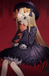 Rule 34 | 1girl, abigail williams (fate), bad id, bad pixiv id, black dress, blonde hair, blue eyes, bow, dress, fate/grand order, fate (series), gambe, hair bow, hands in opposite sleeves, hat, highres, long hair, long sleeves, looking at viewer, sleeves past wrists, solo, stuffed animal, stuffed toy, teddy bear