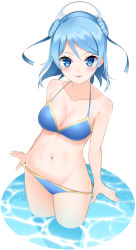 Rule 34 | 10s, 1girl, bare shoulders, bikini, bikini pull, blue bikini, blue eyes, blue hair, blush, breasts, cleavage, clothes pull, collarbone, double bun, hair bun, hat, kantai collection, long hair, looking at viewer, matching hair/eyes, navel, partially submerged, simple background, smile, solo, standing, swimsuit, urakaze (kancolle), wading, water, white background, white hat, yasuto (eria151)