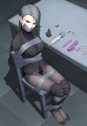Rule 34 | 1girl, anal beads, angry, bdsm, black pantyhose, black sweater, blazer, bondage, bound, bow, bow panties, breasts, brown eyes, brown panties, butt plug, chair, clothes pull, commentary, dildo, earrings, egg vibrator, gag, gbeeee, grey blazer, grey hair, hair behind ear, hair ornament, hairpin, highres, hitachi magic wand, improvised gag, interrogation, jacket, jewelry, lace, lace panties, large breasts, long hair, looking at viewer, niijima sae, no shoes, panties, panties under pantyhose, pants, pants pull, pantyhose, pantyhose under trousers, persona, persona 5, remote control vibrator, restrained, scissors, see-through, sex toy, sitting, solo, sweater, table, tape, tape bondage, tape gag, thighs, tied to chair, turtleneck, turtleneck sweater, underwear, vibrator