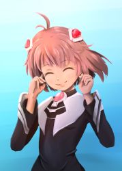 Rule 34 | 00s, 1girl, antenna hair, cowboy shot, closed eyes, hair ornament, hands on own face, m.o.m.o., pink hair, short hair, smile, solo, xenosaga