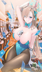 Rule 34 | 1girl, ace (playing card), ace of hearts, ace of spades, animal ears, arm behind head, arm up, armpits, asuna (blue archive), asuna (bunny) (blue archive), between breasts, black pantyhose, blonde hair, blue archive, blue bow, blue bowtie, blue leotard, blush, bow, bowtie, breasts, card, commentary, covered navel, detached collar, eyes visible through hair, fake animal ears, gloves, grin, hair ribbon, hairband, halo, heart, indoors, large breasts, leotard, lichiko, long hair, looking at viewer, mole, mole on breast, pantyhose, playboy bunny, playing card, poker chip, rabbit ears, ribbon, sitting, slot machine, smile, solo, spade (shape), strapless, strapless leotard, very long hair, white gloves, white hairband