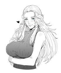 Rule 34 | 1girl, arm under breasts, blue eyes, breasts, cropped torso, final fantasy, final fantasy xiv, greyscale, jamjamstyle, large breasts, long hair, looking at viewer, monochrome, sleeveless, sleeveless sweater, solo, spot color, sweater, venat (ff14), white background