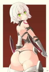 Rule 34 | 1girl, arm belt, ass, bandaged arm, bandages, black panties, butt crack, dagger, facial scar, fate/grand order, fate (series), from behind, gloves, green eyes, highres, holding, holding dagger, holding knife, holding weapon, jack the ripper (fate/apocrypha), knife, kurage shoukushu, looking at viewer, looking back, lowleg, lowleg panties, panties, scar, scar across eye, scar on cheek, scar on face, shiny skin, short hair, shoulder tattoo, single glove, solo, standing, tattoo, thighhighs, thighs, underwear, weapon, white hair
