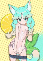 Rule 34 | 1girl, animal ears, aqua eyes, aqua hair, bandaid, bandaid on pussy, bandaids on nipples, blush, braid, cat ears, cat girl, cat tail, chack520, commentary, cross-laced slit, cutoffs, denim, denim shorts, flat chest, food, fruit, gradient hair, highres, leaf, lemon, lemon slice, looking at viewer, low twin braids, micro shorts, mint, multicolored hair, navel, original, parted bangs, partially undressed, pasties, polka dot, polka dot background, see-through, shirt tug, shorts, solo, tail, tank top, twin braids, twintails, two-tone hair