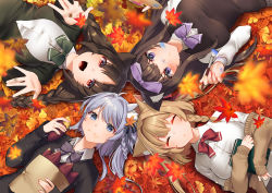 Rule 34 | 4girls, :d, akagi kurage, animal ears, arashio (azur lane), asashio (azur lane), autumn, autumn leaves, azur lane, bag, black cardigan, blue eyes, blurry, bow, bowtie, braid, breasts, brown cardigan, brown hair, brown sweater, buttons, cardigan, cat ears, circle formation, closed eyes, collared shirt, commentary request, depth of field, eating, food, from above, hair bow, holding, large breasts, leaf, long hair, long sleeves, looking at viewer, lying, maple leaf, michishio (azur lane), multiple girls, off shoulder, on back, ooshio (azur lane), open mouth, outdoors, paint, paintbrush, palette (object), paper bag, purple bow, purple eyes, purple neckwear, red eyes, red neckwear, roasted sweet potato, shirt, silver hair, sleeping, smile, sweater, sweater vest, sweet potato, twin braids, undershirt, white shirt