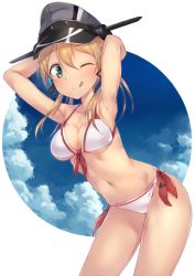 Rule 34 | 10s, 1girl, ;q, alternate costume, armpits, arms behind back, arms up, bikini, black bikini, black ribbon, blonde hair, blue sky, breasts, cleavage, cloud, collarbone, contrapposto, cowboy shot, cross, day, front-tie bikini top, front-tie top, green eyes, grey hat, hair ribbon, halterneck, hat, iron cross, kantai collection, low twintails, medium breasts, metindone, navel, one eye closed, peaked cap, prinz eugen (kancolle), ribbon, short hair, sky, solo, standing, stomach, string bikini, swimsuit, tongue, tongue out, twintails, white bikini