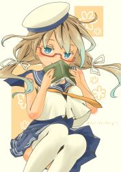 Rule 34 | 1girl, aqua eyes, blonde hair, blue sailor collar, blue skirt, blush, book, breasts, glasses, hair ribbon, hat, highres, i-8 (kancolle), kantai collection, long hair, looking at viewer, low twintails, medium breasts, neckerchief, one-piece swimsuit, peaked cap, pleated skirt, pot-de, red-framed eyewear, ribbon, sailor collar, sailor hat, school swimsuit, school uniform, semi-rimless eyewear, serafuku, shirt, sitting, skirt, sleeveless, solo, swimsuit, swimsuit under clothes, thighhighs, tri tails, twintails, under-rim eyewear, white shirt, white thighhighs
