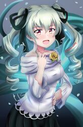 Rule 34 | anchovy (girls und panzer), barefoot, black ribbon, black skirt, blouse, commentary, corsage, cowboy shot, drill hair, flower, girls und panzer, green hair, grey shirt, hair ribbon, hand on own hip, highres, long hair, long sleeves, off-shoulder shirt, off shoulder, open mouth, petals, pleated skirt, red eyes, redbaron, ribbon, shirt, skirt, smile, twin drills, twintails, twitter username, yellow flower