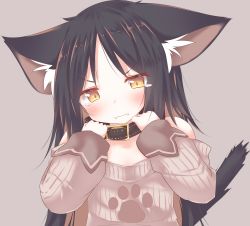 Rule 34 | 1girl, absurdres, animal ear fluff, animal ears, belt collar, black collar, black hair, blush, brown background, brown eyes, brown hair, brown sweater, cat ears, cat girl, cat tail, closed mouth, collar, commentary request, daidai ookami, fangs, fangs out, hands up, head tilt, highres, long sleeves, multicolored hair, off-shoulder sweater, off shoulder, original, parted bangs, print sweater, puffy long sleeves, puffy sleeves, ribbed sweater, simple background, sleeves past wrists, solo, sweater, tail, tail raised, tears, two-tone hair, upper body, v-shaped eyebrows