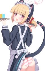 Rule 34 | 1girl, absurdres, animal ear headphones, animal ears, apron, ass, back bow, black dress, blonde hair, blue archive, bow, cat ear headphones, cat tail, clothes lift, dress, dress lift, fake animal ears, fake tail, from behind, halo, headphones, highres, holding, holding tray, lifted by self, lifted by tail, long sleeves, looking back, maid, maid apron, maid headdress, momoi (blue archive), momoi (maid) (blue archive), official alternate costume, panties, pink eyes, pink halo, pink panties, puffy long sleeves, puffy sleeves, short hair, simple background, solo, striped clothes, striped panties, tail, tray, two side up, underwear, uro kohara, white background, white bow