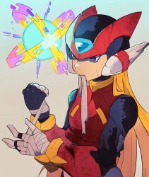 Rule 34 | 1boy, android, bandaged hand, bandages, blonde hair, blue eyes, chinese commentary, commentary request, crop top, cyber elf x (mega man), floating, helmet, highres, long hair, male focus, mega man (series), mega man zero (series), simple background, translation request, x (mega man), yinke, zero(z) (mega man), zero (mega man)