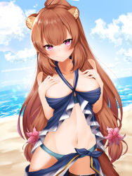 Rule 34 | 1girl, absurdres, animal ears, beach, blush, breast suppress, breasts, brown hair, closed mouth, cloud, collarbone, day, dutch angle, flower, hair flower, hair ornament, high ponytail, highres, lancheu, long hair, looking at viewer, medium breasts, navel, outdoors, pink eyes, raccoon ears, raccoon girl, raphtalia, sky, solo, standing, swimsuit, tate no yuusha no nariagari, v-shaped eyebrows, very long hair, water